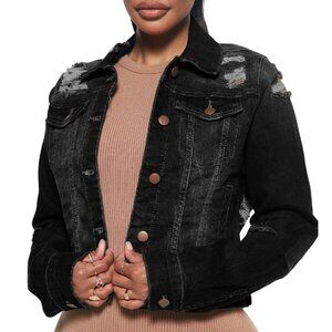 Distressed Denim Jacket Women's Long Sleeve Button Closure Boyfriend Fit